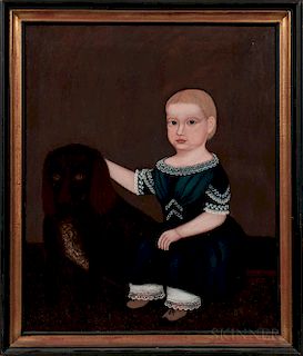 American School, 19th Century  Child Wearing a Blue Dress with a Dog