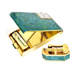 14K Gold and Enamel Compact and Lighter