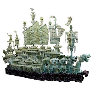 Monumental Chinese Jade Dragon Ship