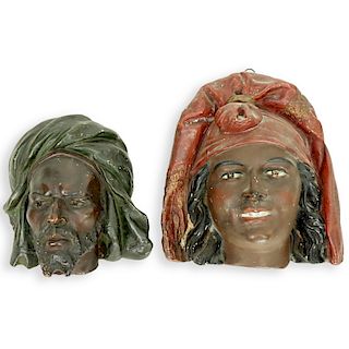 Two Large Vintage Polychrome Pottery Arab Heads