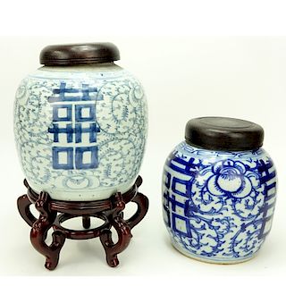 Two Antique Chinese Porcelain Blue & White Jars