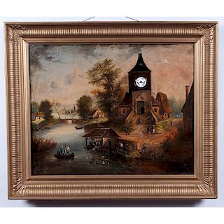 Swiss Oil on Canvas with Clock
