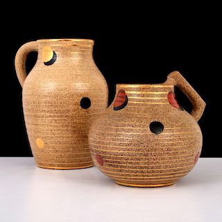 2 Clarice Cliff "Goldstone" Handled Pitchers