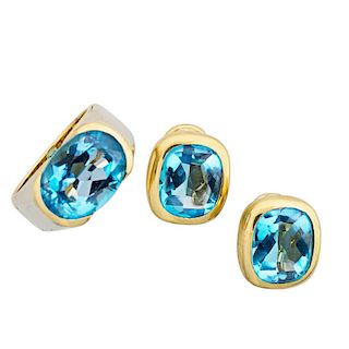 MARINA B. BLUE TOPAZ GOLD RING AND EARRING SUITE