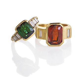TWO COLORED GEMSTONE 18K YELLOW GOLD DIAMOND RINGS