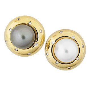 CONTRASTING PEARL AND DIAMOND GOLD EARRINGS