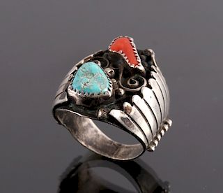 Signed Navajo Sterling Silver Turquoise Coral Ring