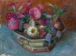 * William James Glackens, (American, 1870-1938), Flowers in Hexagonal Ironstone Dish
