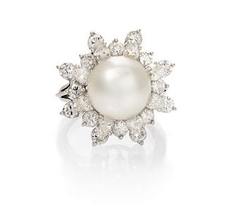 * A Platinum, Cultured South Sea Pearl and Diamond Cocktail Ring, 7.60 dwts.
