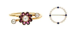 * A Collection 14 Karat Yellow Gold, Cultured Pearl, Garnet and Sapphire Jewelry, 18.00 dwts.