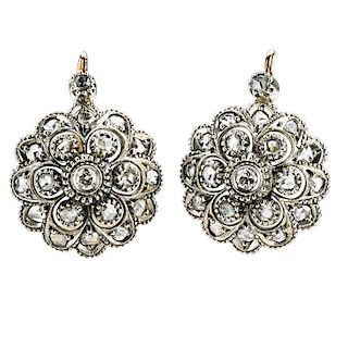 DIAMOND AND SILVER TOPPED GOLD CLUSTER EARRINGS