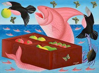 Large Audes Saul Naive Painting, Fish Theme