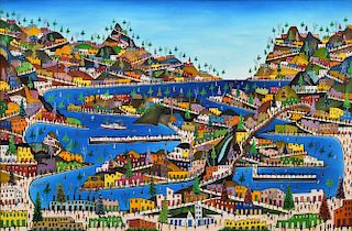 Prefete Duffaut Naive Painting, Coastal City Theme