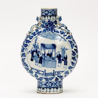 Chinese Blue & White Figural Motif Moon Flask
