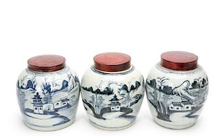 3 Chinese Export Blue & White Canton Ginger Jars