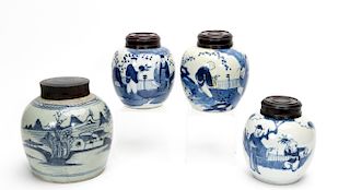 4 Chinese Export Blue & White Ginger Jars, 19th C.