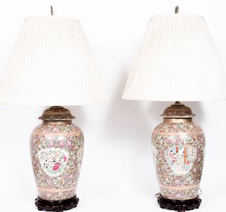 Pair of Chinese Porcelain Famille Rose Lamps
