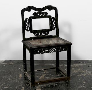 19th c. Chinese Carved Wood Chair with Stone Seat.