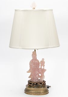 Chinese Rose Quartz Quanyin Table Lamp