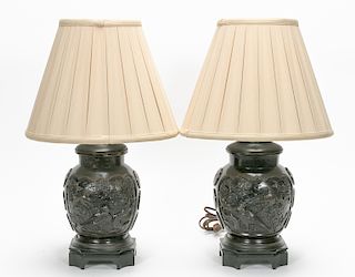 Pair, 20th C. Japanese Bronze Table Lamps