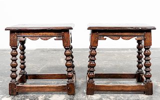 Pair, Charles II Style Turned Oak Joined Stools