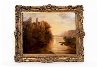 British Castle on River Scene, Oil on Canvas