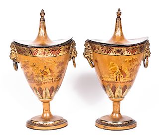 Pair, 19th C. English Decorated Tole Chestnut Urns