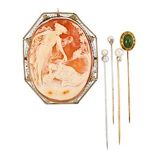 COLLECTION OF ANTIQUE STICK PINS AND CAMEO