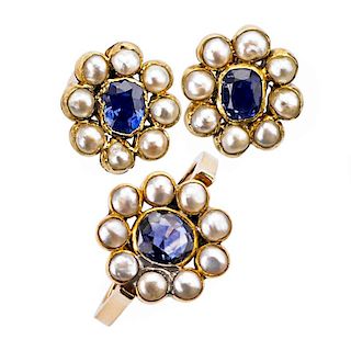 SAPPHIRE, PEARL 14K GOLD RING AND EARRINGS