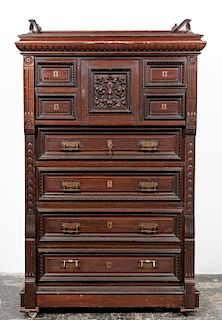 American Mahogany 8-Drawer Tall Chest w/Carving
