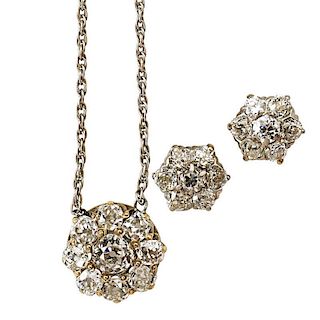 ANTIQUE CUT DIAMOND CLUSTER NECKLACE AND EARRINGS