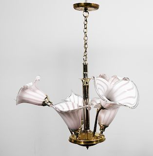 Art Glass & Brass Six Light Chandelier