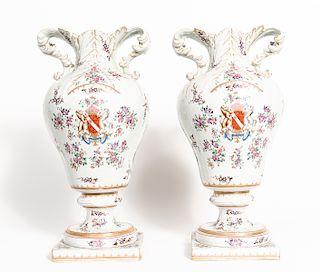 Pair, 19th C. Samson Armorial Porcelain Urns