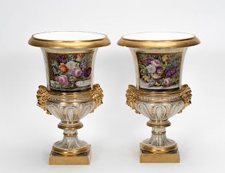 Pair, Old Paris Floral Urns w/Masks of Mercury