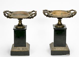 Pair, Bronze & Slate Mantel Garnitures