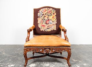 French Single Leather & Needlepoint  Armchair