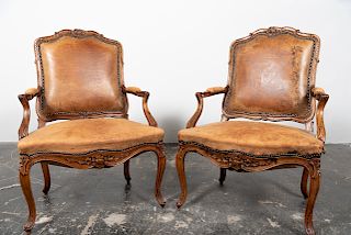 Pr. Louis XV Style Leather Upholstered Fauteuils