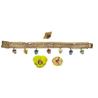COLLECTION OF ENAMELED GOLD GEM-SET PANSY JEWELRY
