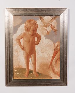 Pastel of Babies & Storks, Art Deco Silvered Frame