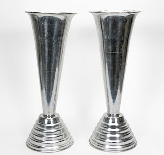 Pair, Large Art Deco Style Aluminum Trumpet Vases