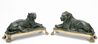 Pair, Signed Bronze Lion Sculptures on Footed Base