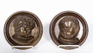 Pair of Round Bronze Bust Plaques, Small Children