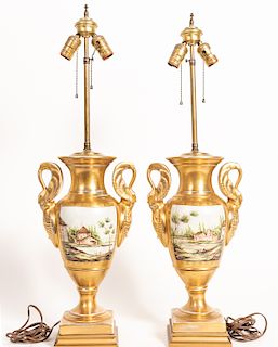 Pair, 19th Cent. Old Paris Porcelain Scenic Lamps
