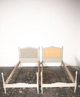 Pair Louis XVI Style Distressed Caned Twin Beds
