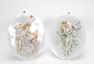 Pair, Oval Porcelain Figural Hanging Wall Plaques