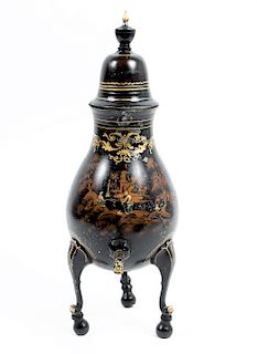 19th C. Dutch Pewter Urn, Tole Painted Decoration