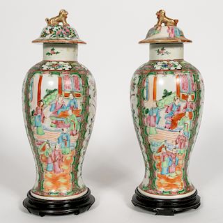 Pair, Chinese Lidded Rose Mandarin Vases