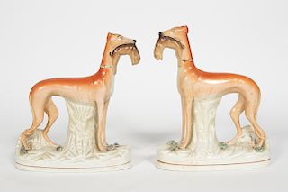 Pair of Staffordshire Whippets with Rabbits