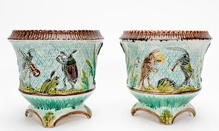 Pair, French Majolica Insect Musician Jardinieres