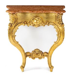 A Louis XV Style Giltwood Console Table Height 30 x width 26 x depth 15 1/2 inches.